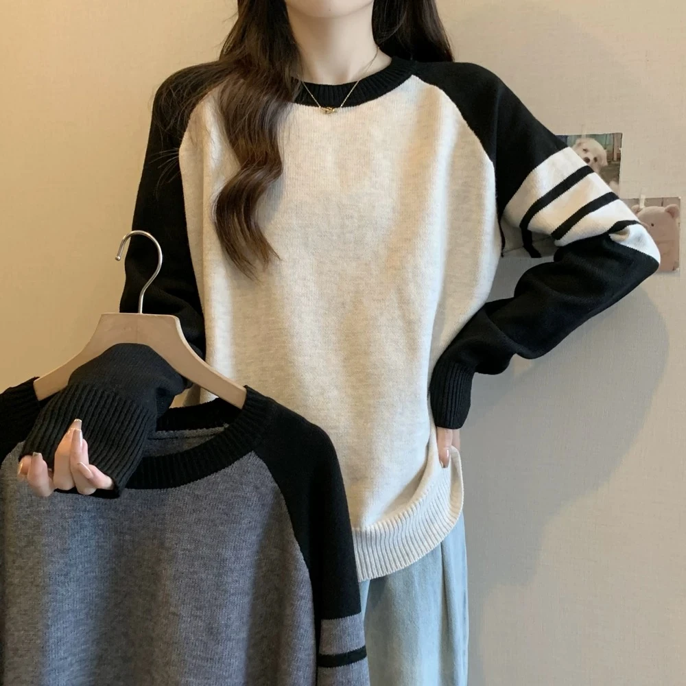 不褪色撞色女插肩袖保暖毛针织衫韩版针织衫打底衫春秋上衣套头