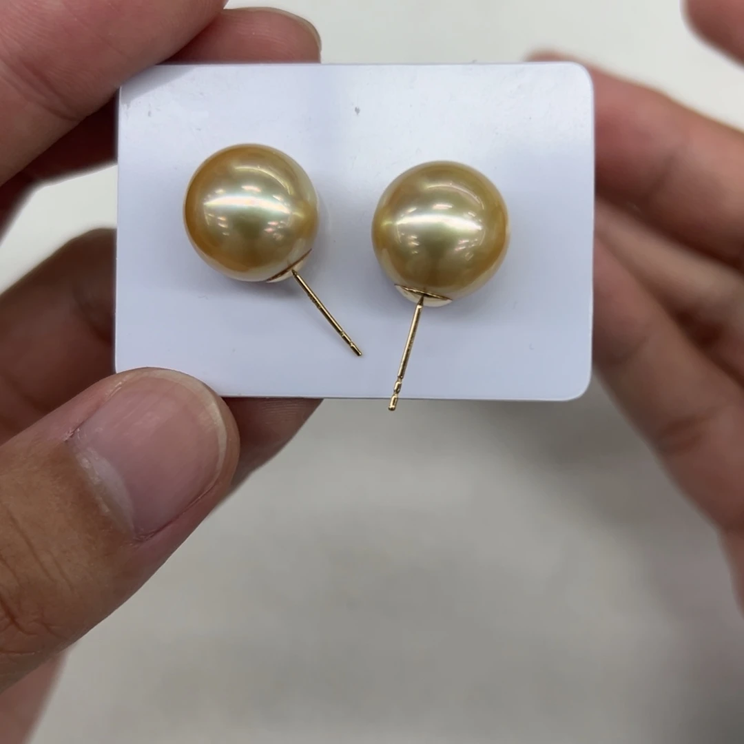 18K金镶嵌耳饰海水珍珠13-14mm正圆金珠素钉