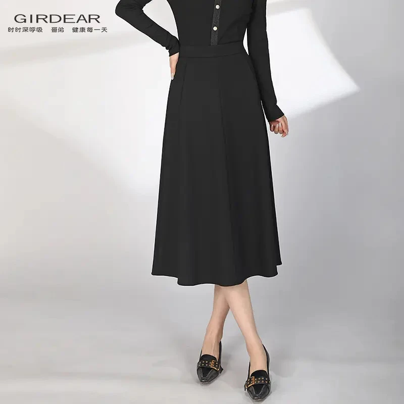 哥弟黑色法式高腰时尚气质中长款伞裙百搭显瘦女装半身裙1200336