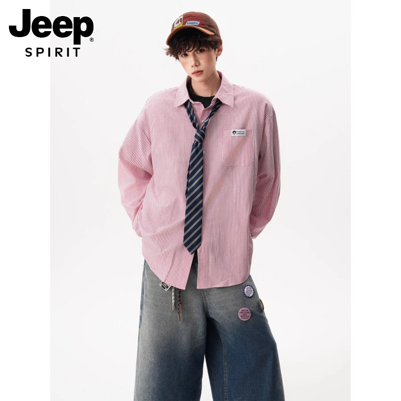 JEEPSPIRIT条纹长袖衬衫男女秋美式简约宽松翻领衬衣ins休闲外套