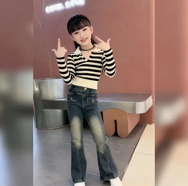 女童法式polo领条纹修身显瘦款长袖针织百搭高腰短款上衣秋季时尚