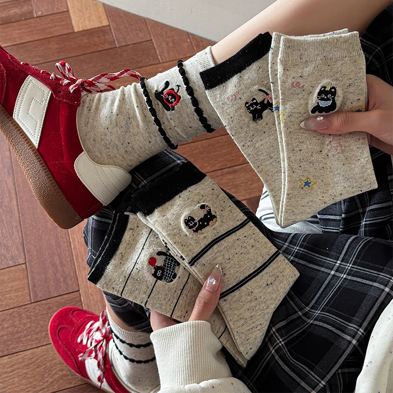 袜子女无骨春秋中筒袜日系小猫派对吸湿排汗刺绣松口点子纱堆堆袜
