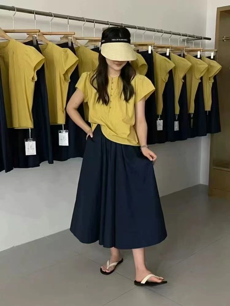 2025夏新款女装韩系休闲百搭简约宽松阔腿裤松紧腰裙裤