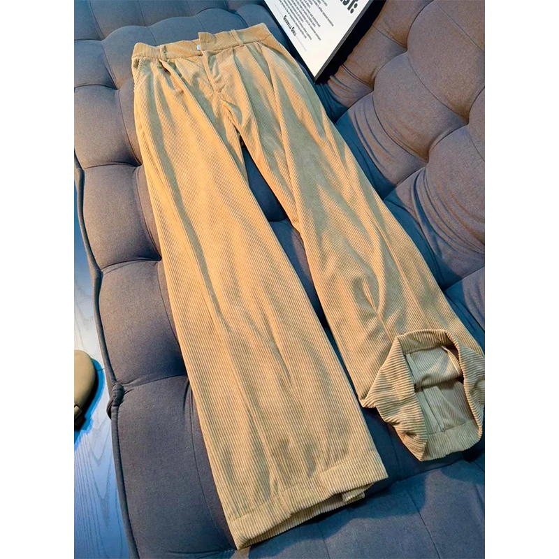 卡其色灯芯绒纹理休闲裤男秋季美式百搭潮流宽松休闲显高直筒长裤