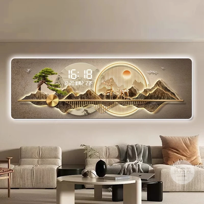 新中式客厅沙发背景墙装饰画带钟表高档大气壁灯电子时钟背靠金山
