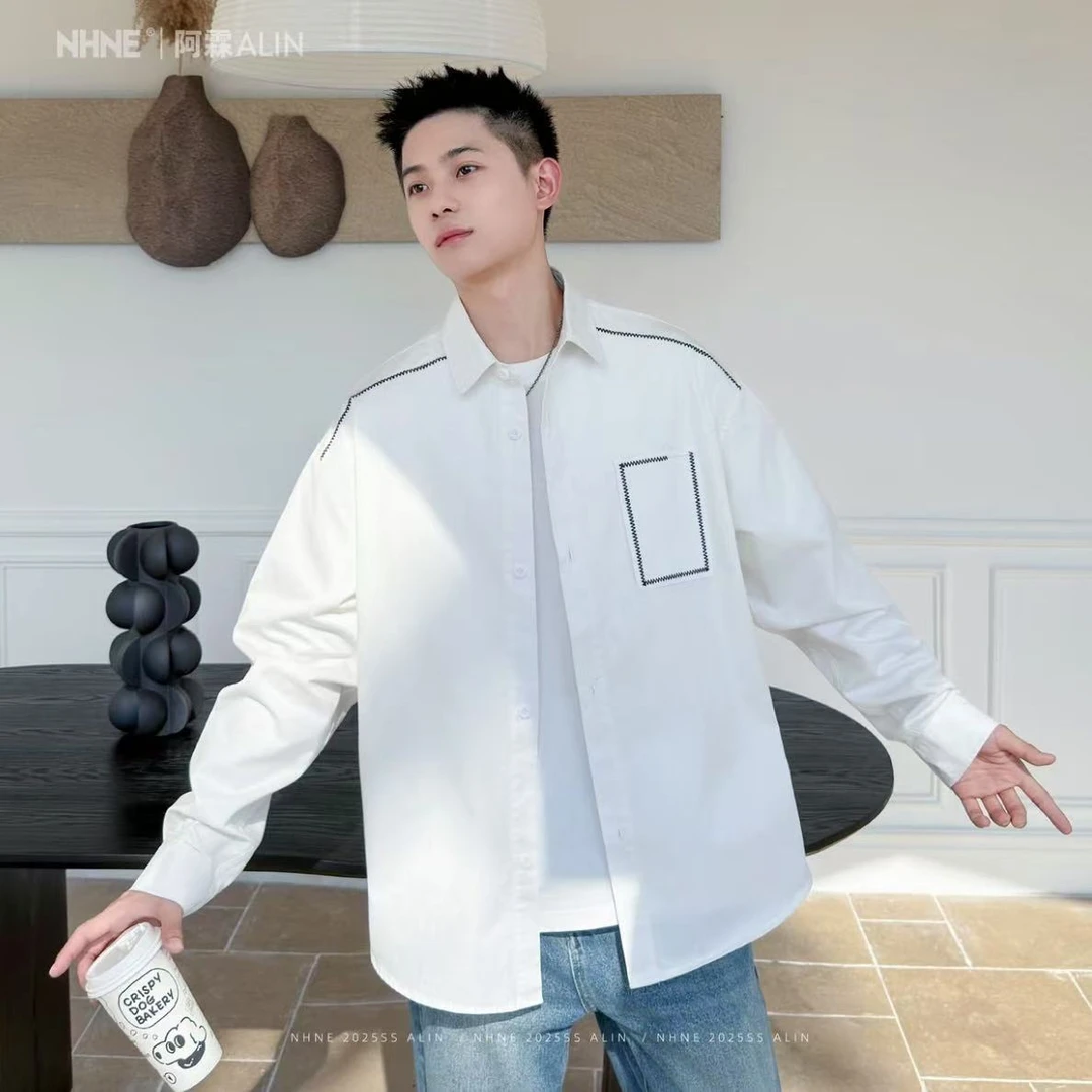 【阿霖ALIN】韩版波纹辑明线翻领衬衣秋季宽松休闲时尚纯色长袖衬衫