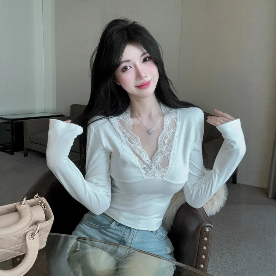纯欲辣妹蕾丝花边领打底衫女秋冬内搭修身显瘦独特别致长袖上衣