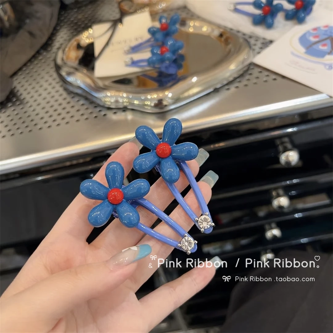 韩国东大门新款蓝色花朵夹女侧边刘海夹前额碎发鸭嘴夹头饰发饰