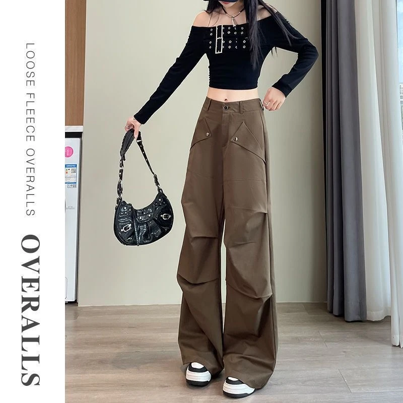 美式工装裤女2025春秋新款夏款加绒高腰显瘦阔腿运动直筒休闲裤子