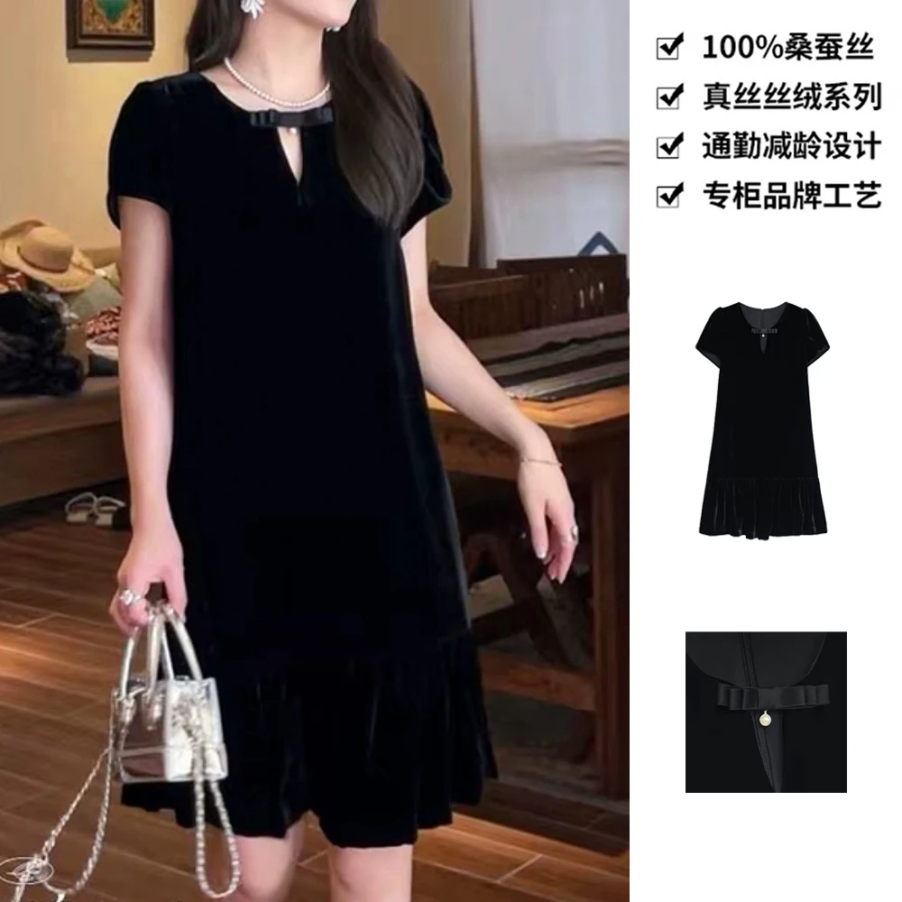 100桑蚕丝丝绒宽松垂感半开V领设计真丝丝绒连衣裙LYQB19