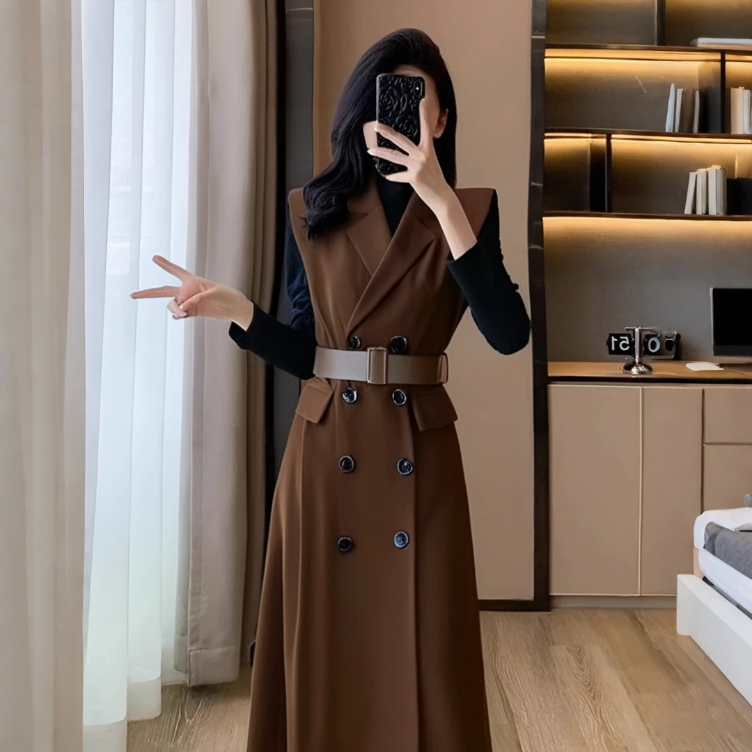 【两件套】2025秋季新款气质通勤高级感双排扣西装马甲连衣裙子2119