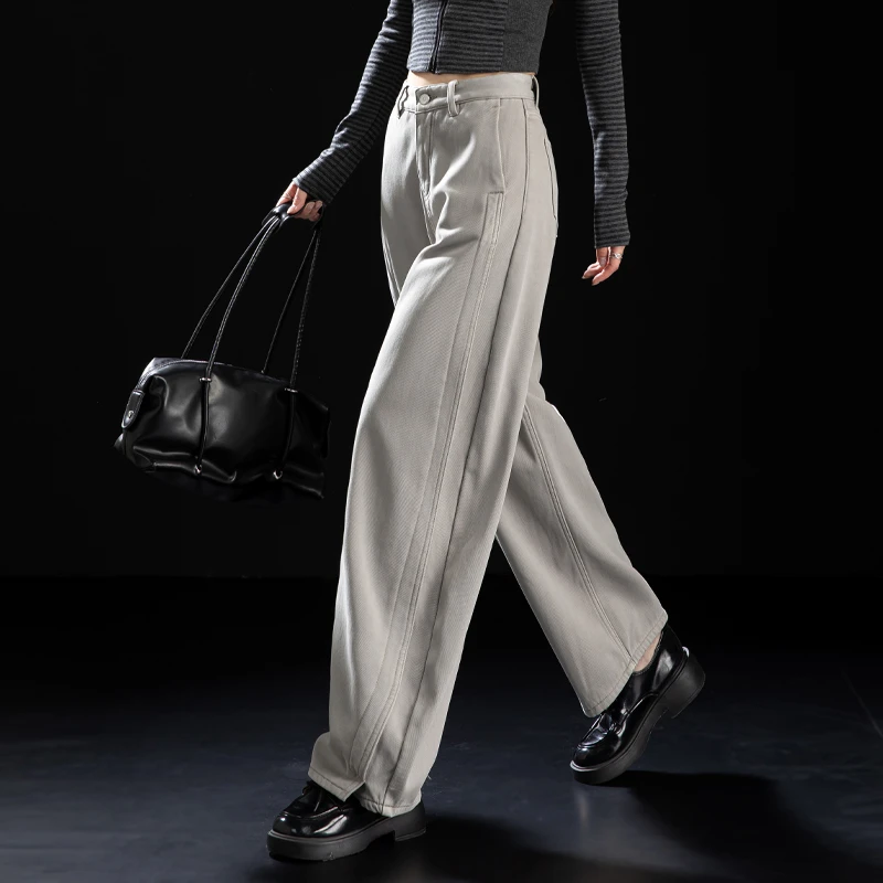 米灰色加绒牛仔裤女2025秋冬宽松休闲弯刀裤高腰阔腿镰刀裤香蕉裤