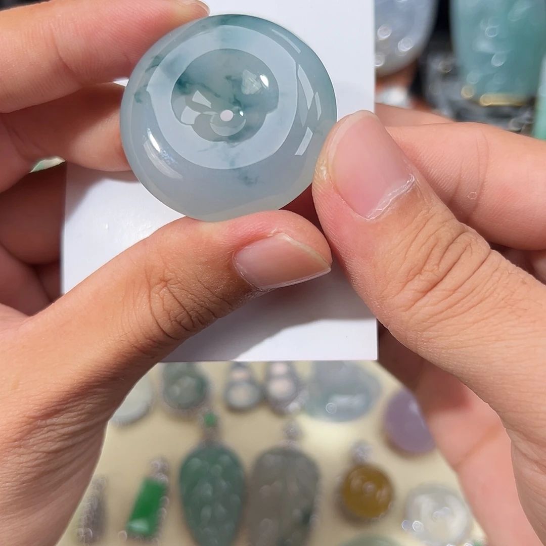 颈饰未镶嵌翡翠冰胶老坑种蓝紫底飘蓝花平安扣37*10mm