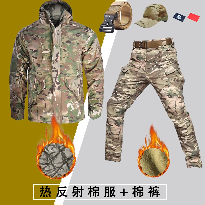 冬季户外加绒加厚迷彩棉服套装防寒保暖棉裤热反射冲锋衣套装耐磨