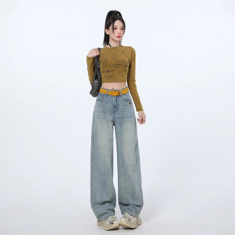活力黄弯刀阔腿牛仔裤女2025春季新款高腰宽松显瘦直筒拼接香蕉裤