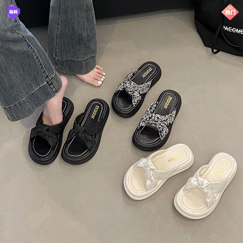 凉拖鞋女夏外穿新款4㎝厚底休闲沙滩网红时尚百搭中式国风一字拖