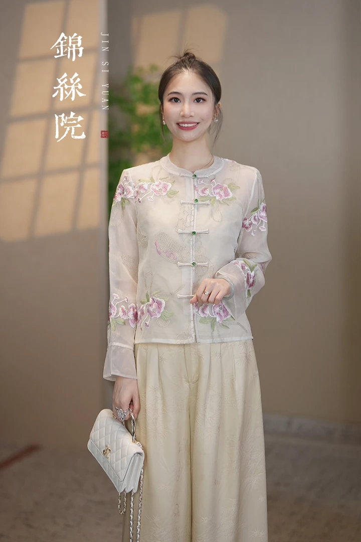 锦丝院福利【国色天香】新中式桑蚕丝国风莨纱刺绣上衣661533