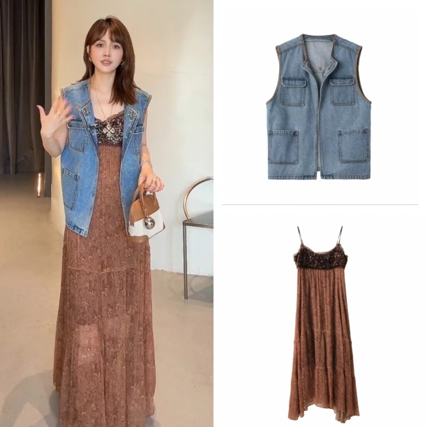 ice dust 25新款翻领花卉刺绣牛仔马甲外套