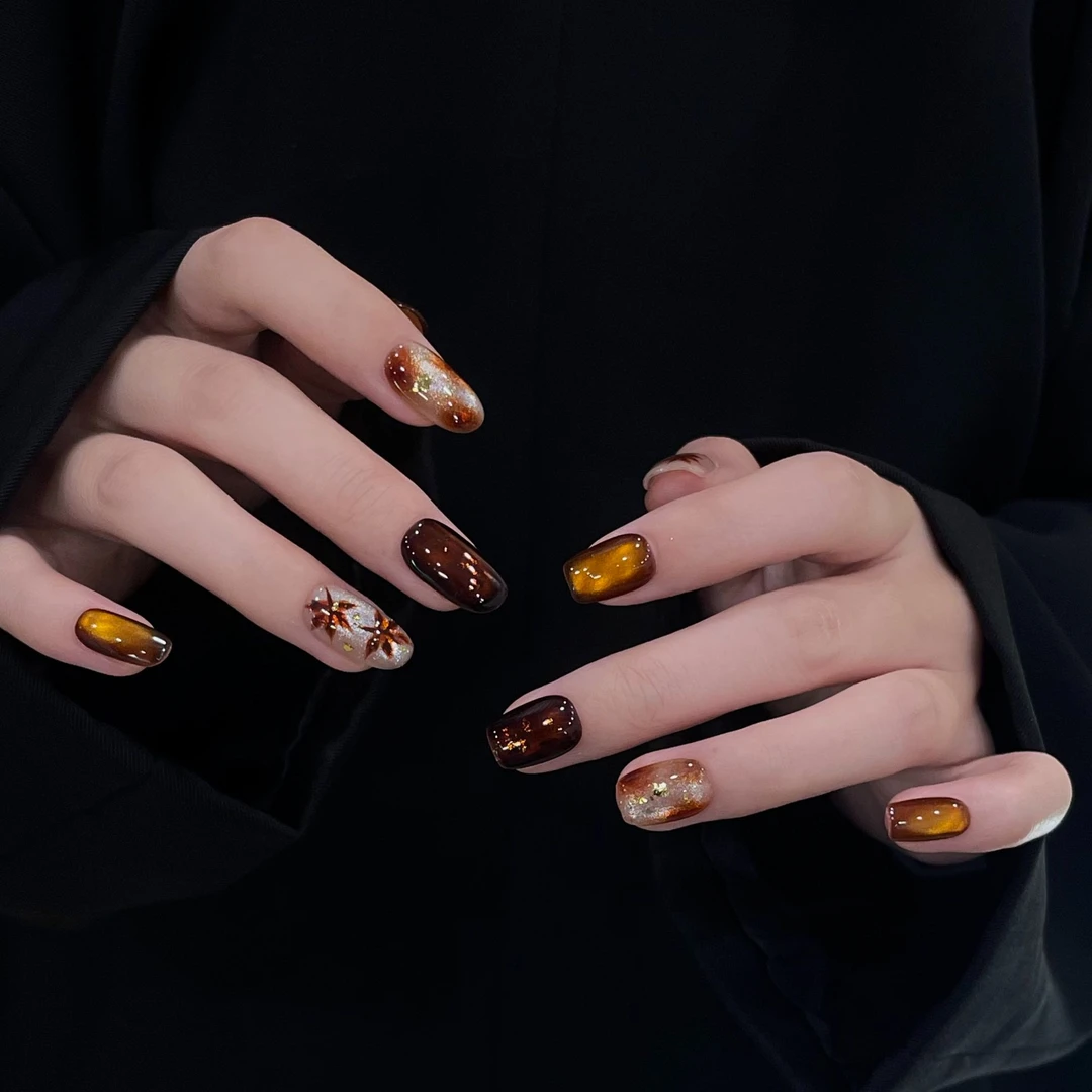 「S2188枫」秋冬显白晕染手绘枫叶玻璃珠猫眼纯手工穿戴甲 甲型定制