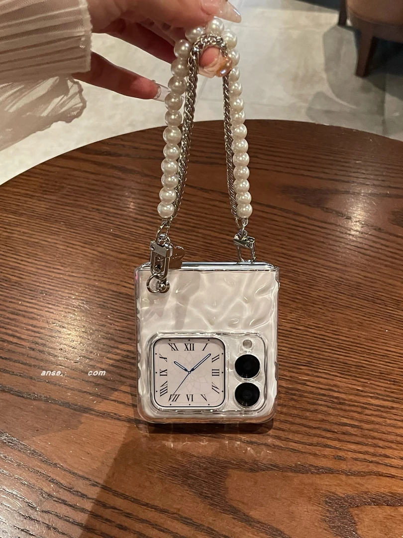 透明波浪纹斜挎珍珠手提链适用华为novaflip折叠屏手机壳pocket2