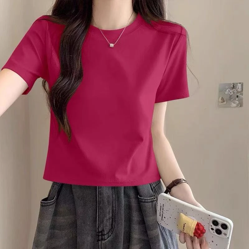 正肩玫红色短款短袖t恤女夏季2025新款修身圆领减龄百搭体恤上衣