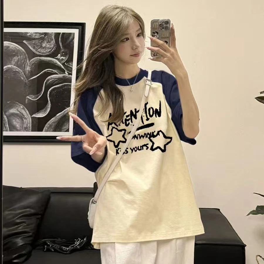 纯棉美式长款插肩短袖休闲韩版宽松t恤百搭洋气衣服女小众小个子