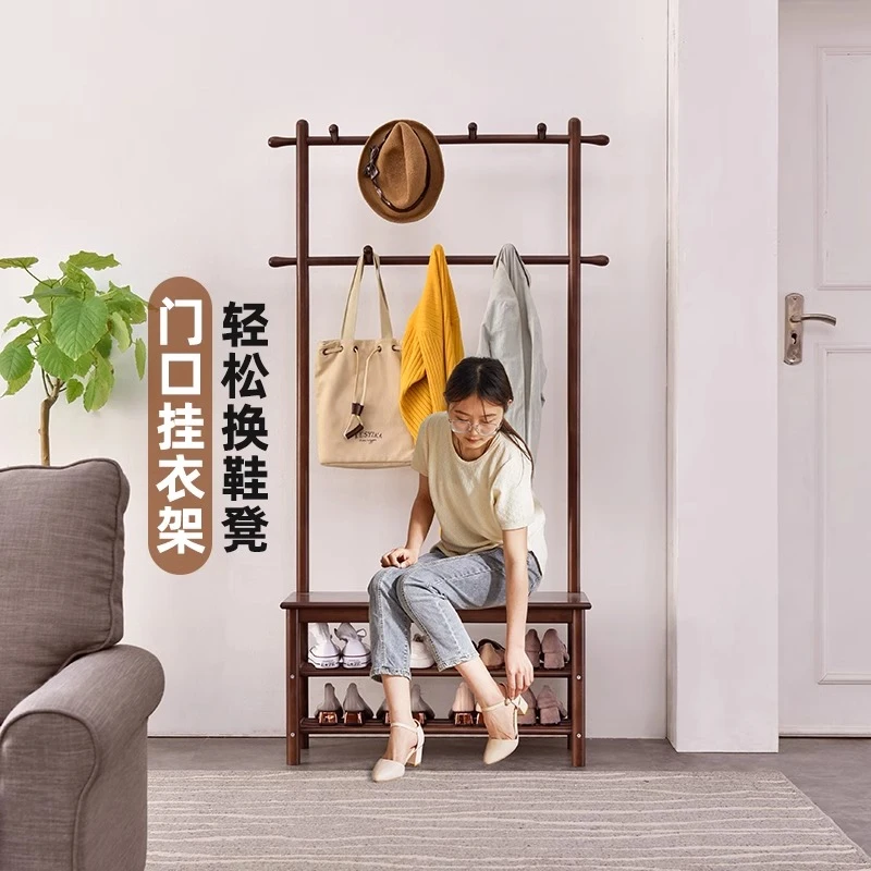 实木衣帽架门口换鞋凳挂衣架一体落地衣架入户玄关置物架