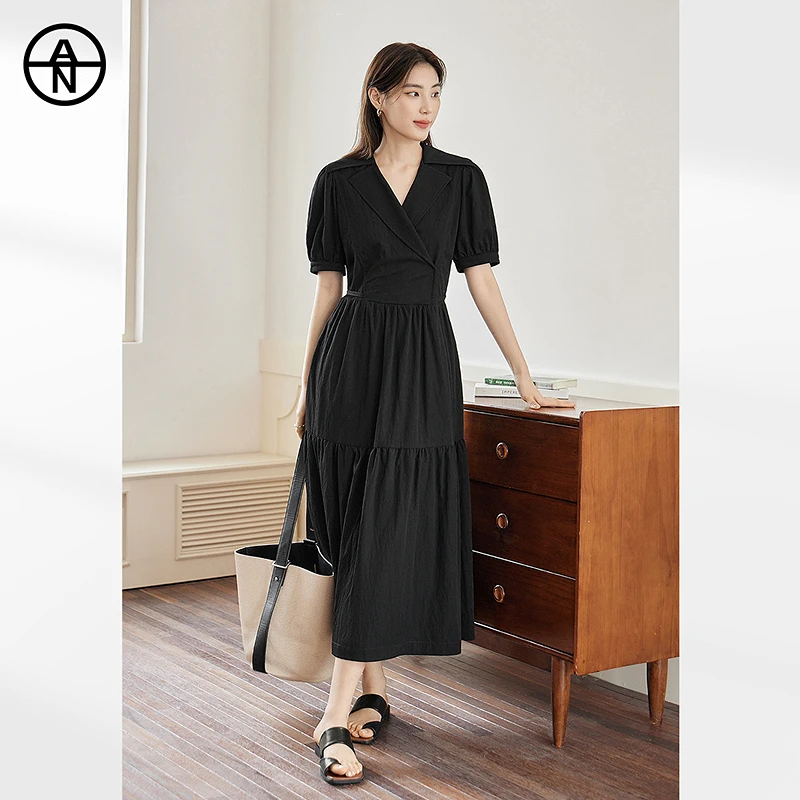 AN大码女装气质西装领短袖连衣裙夏季微胖mm超好看A字显瘦收腰裙