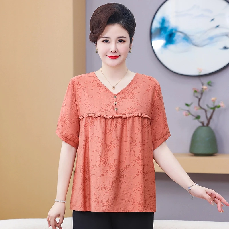 妈妈装夏季显瘦短袖T恤加肥加大中老年小衫女套装 BD111782983307