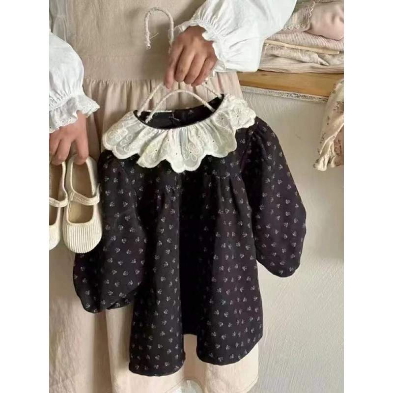 韩版女童2025新品秋季森系连衣裙女宝复古可爱碎花蕾丝圆领公主裙