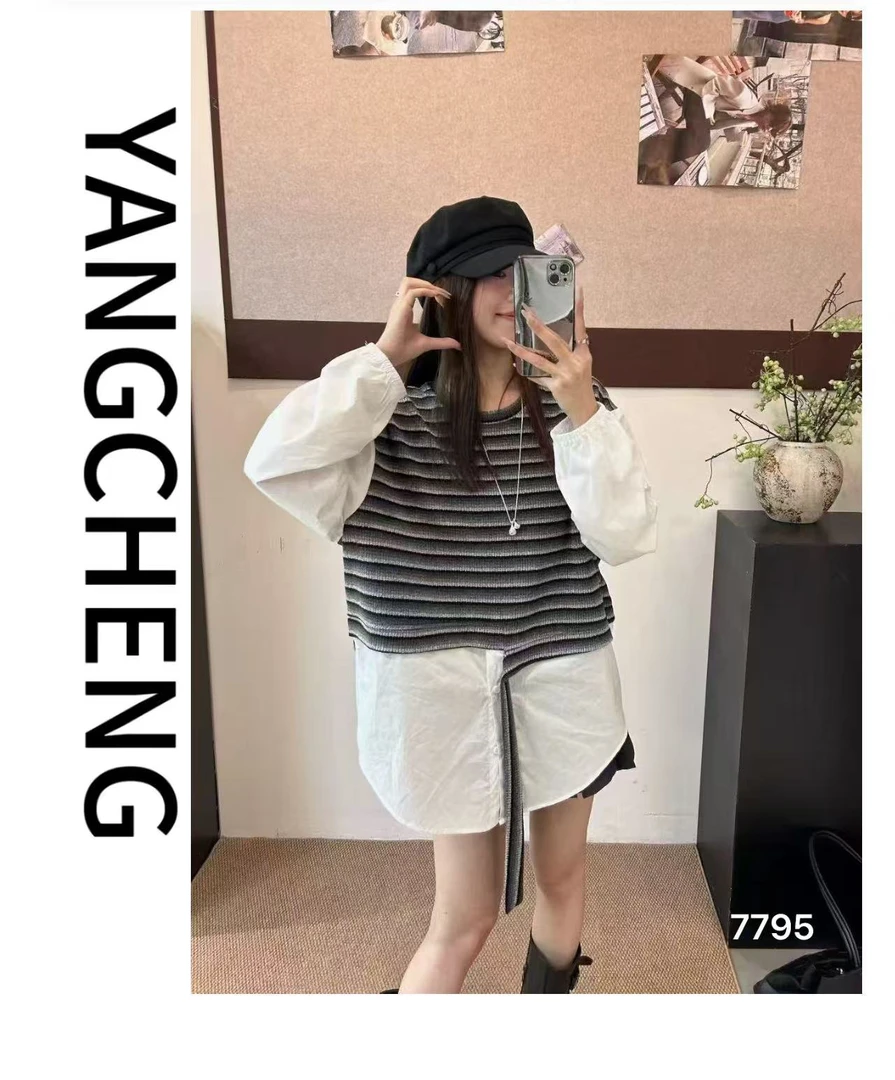 高端欧货假两件设计条纹拼接长袖T恤女2025秋季新款百搭撞色上衣