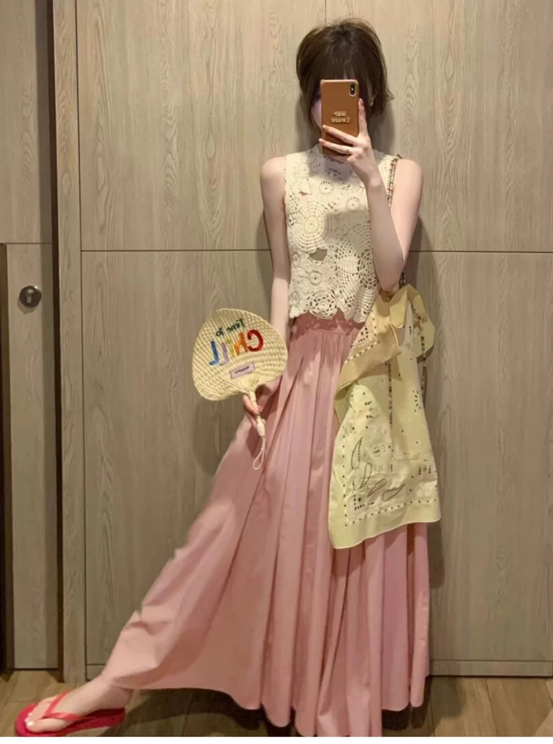 夏装出游穿搭一整套女别致绝美南法度假风超好看镂空上衣半身裙女