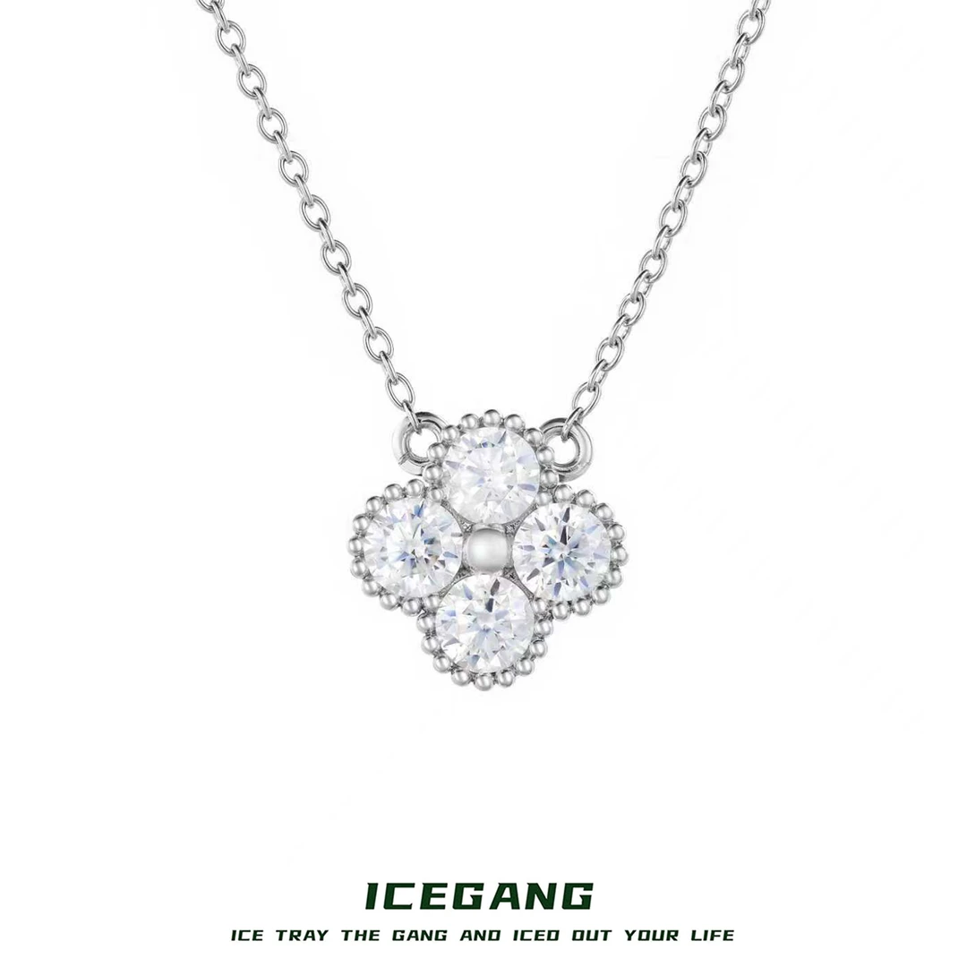 ICEGANG 吊坠925银莫桑石 S925通体纯银四叶草圆珠莫桑石吊坠项链