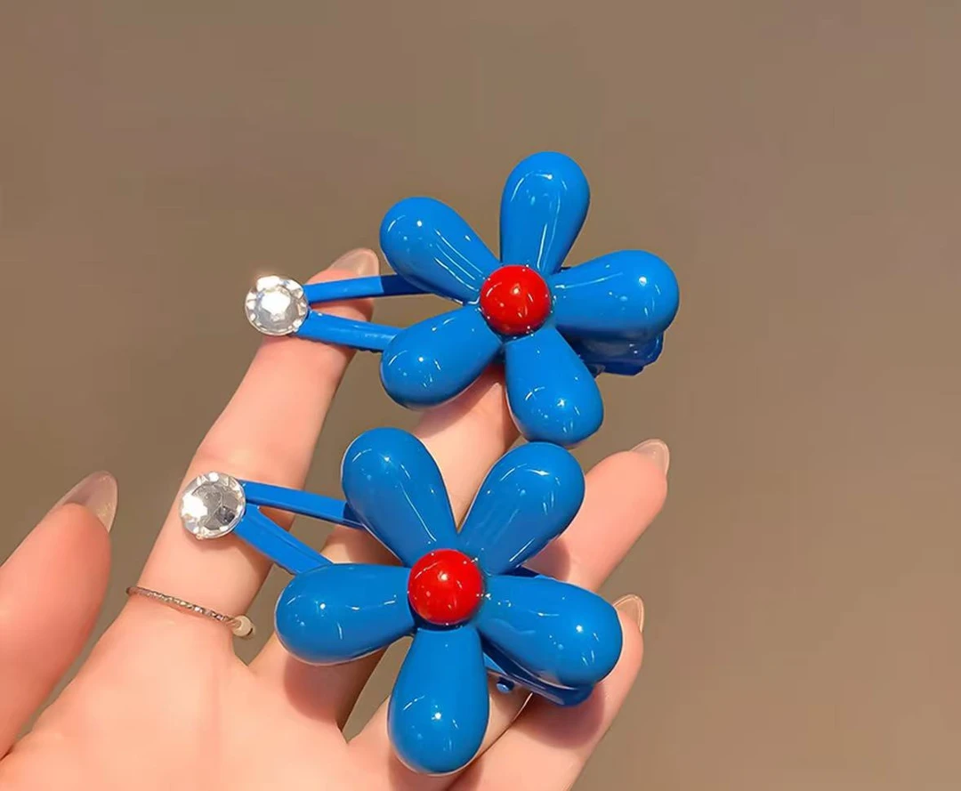 韩系蓝色花朵水钻发夹女边夹侧边碎发刘海鸭嘴夹子高级感百搭夹子