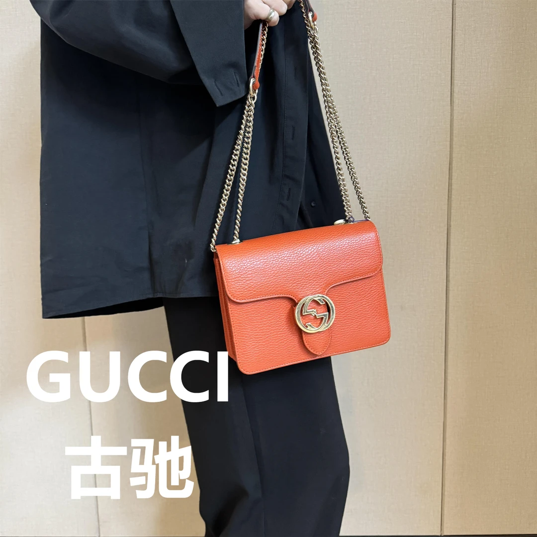 95新 GUCCI/古驰 橙色双G风琴单肩斜挎包/甜甜精选/52223