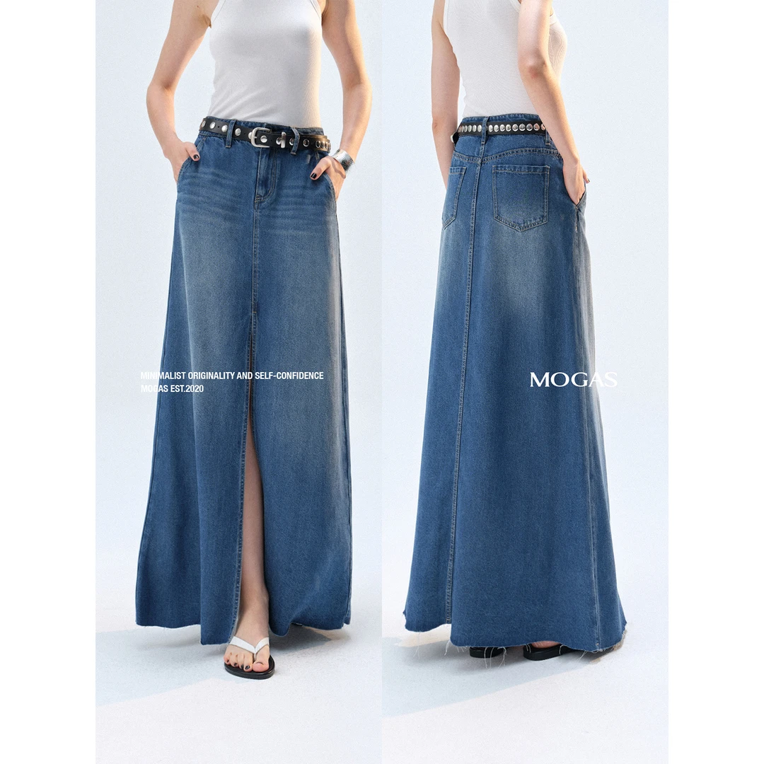 Mogas液态零压感100莱赛尔天丝牛仔高腰前开衩A字半裙女夏380901