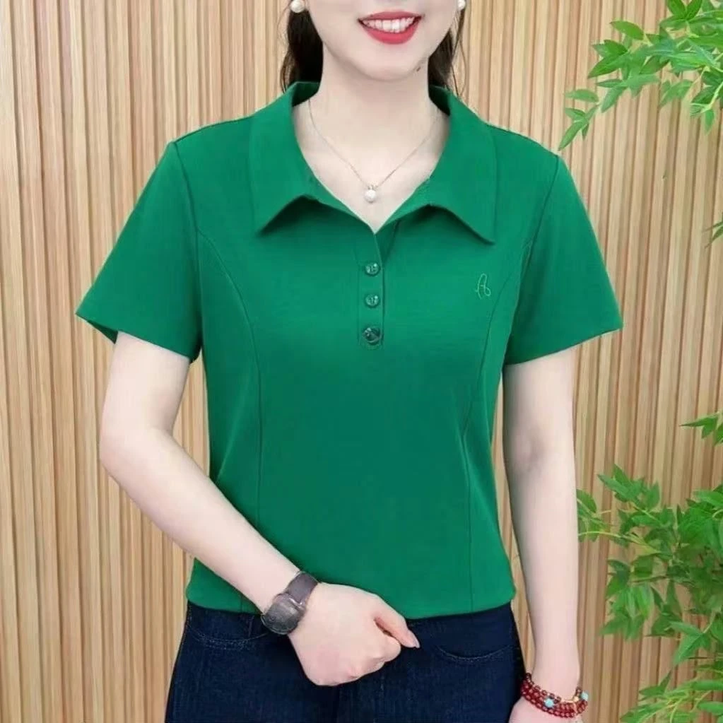 夏季短袖翻领T恤女士上衣减龄妈妈装休闲洋气百搭新款小衫