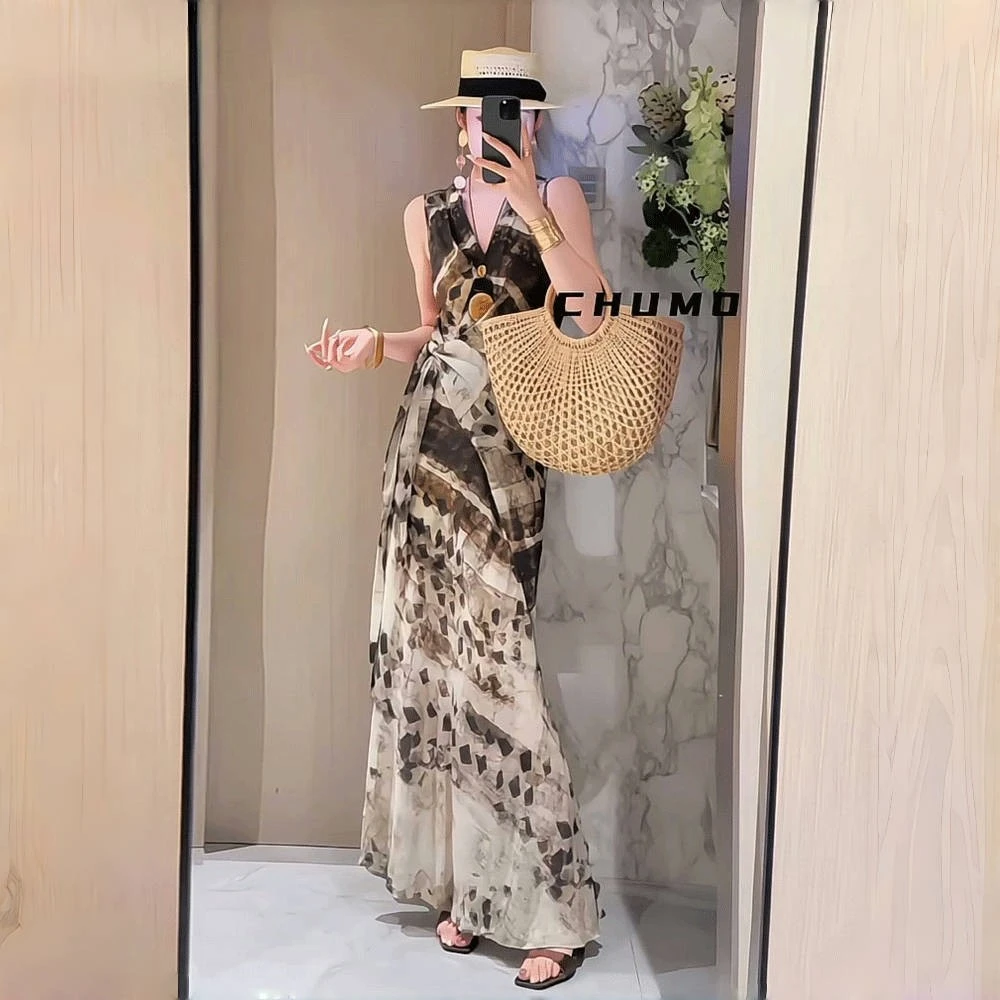 法式复古度假风晕染V领无袖连衣裙女夏季绑带收腰设计感小众长裙