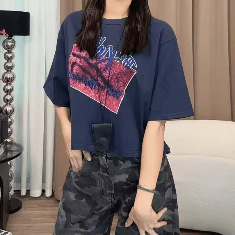 2025夏季新款时尚圆领字母印花前后涂鸦短袖T桖女宽松百搭显瘦