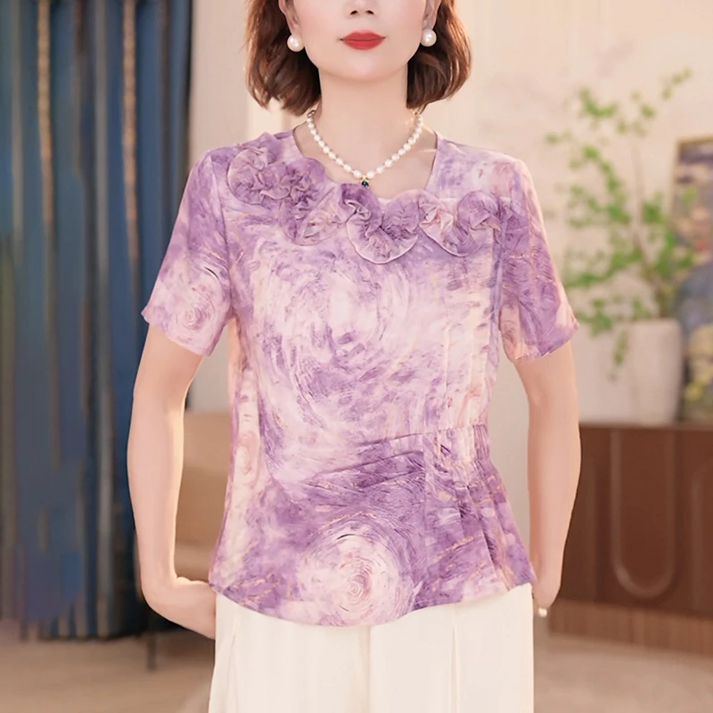 紫色印花圆领短袖衬衫女夏季2025新款时尚显瘦别致木耳边气质上衣
