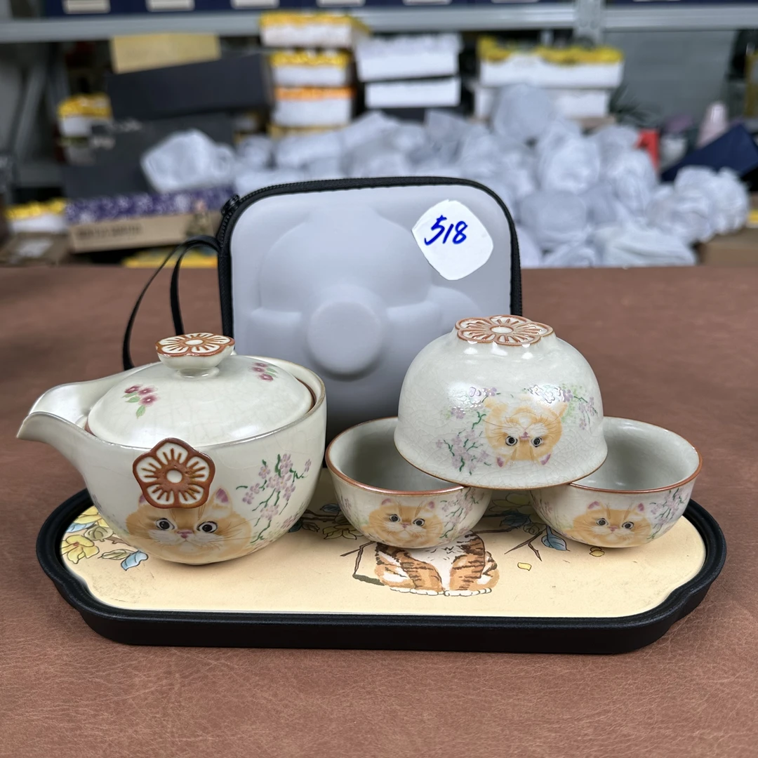 518-汝窑猫猫开片旅行茶具套装快客杯高端茶器泡茶壶户外茶具手抓