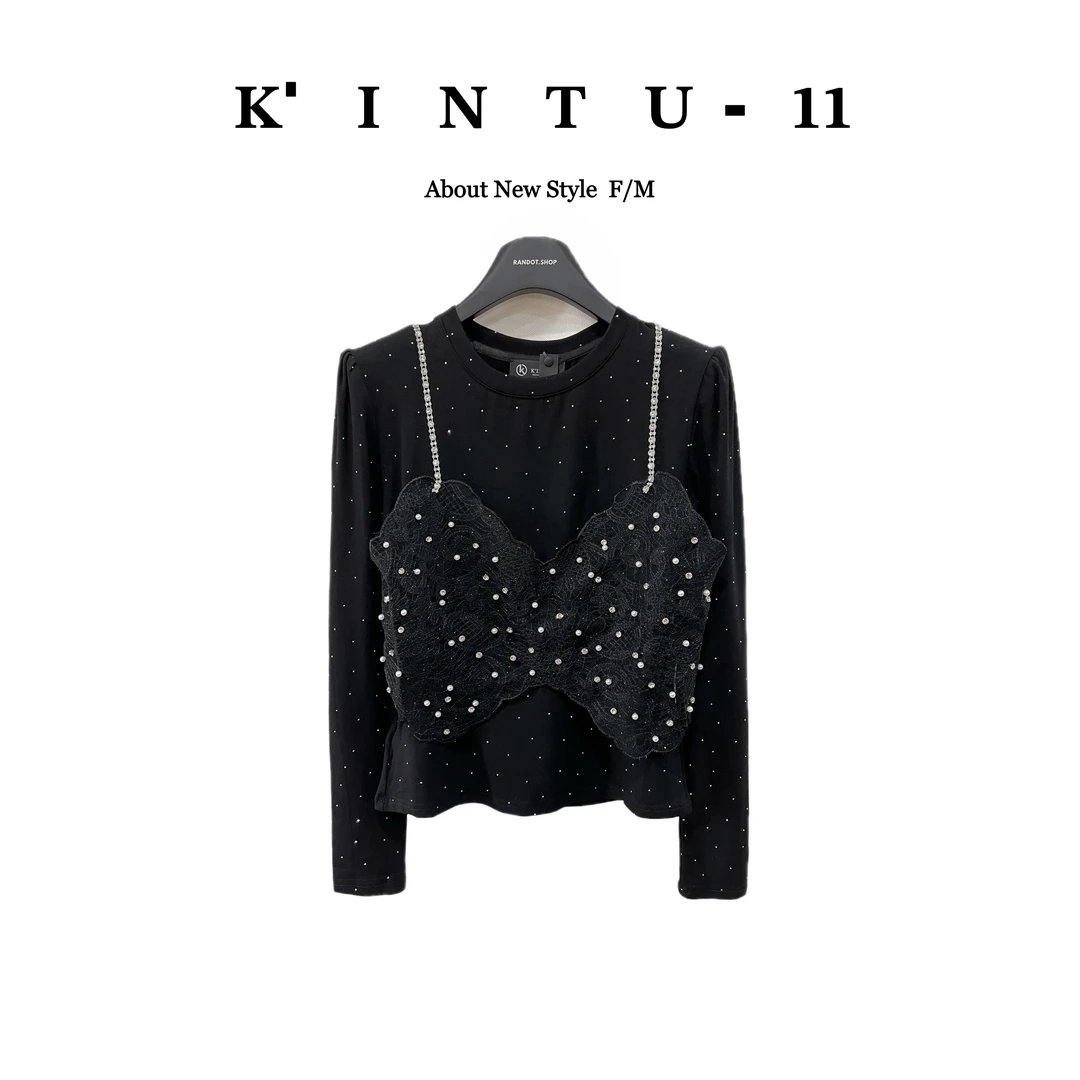 【K-11】原创设计“许你耀眼”烫钻满天星珠珠蕾丝吊带拼接上衣7907