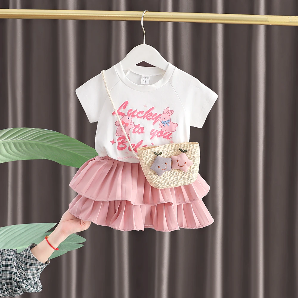 【沫沫家】女童套装夏季新款洋气女宝宝可爱兔短袖两件套短裙套装