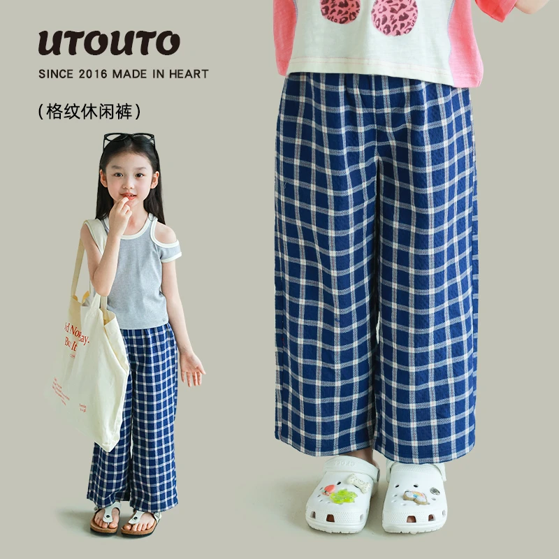 utouto大耳象女童格纹休闲裤2025夏季新款防蚊薄长裤子2501345