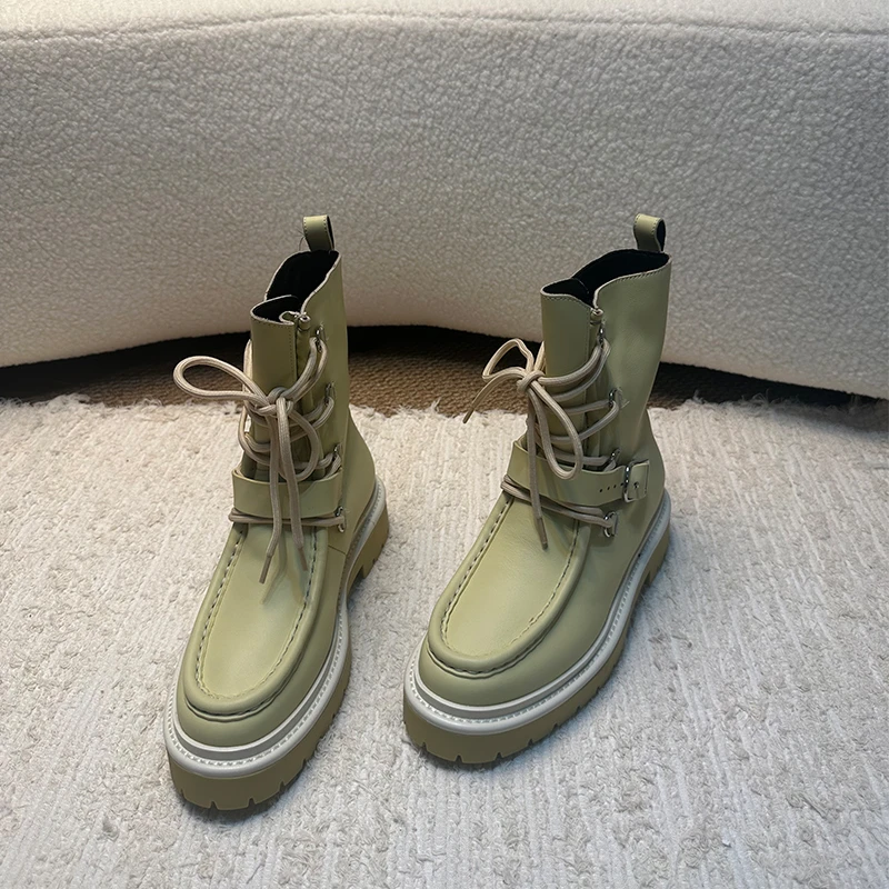 欧货真皮女鞋2025秋季新款时尚百搭厚底增高休闲马丁靴系带短靴潮