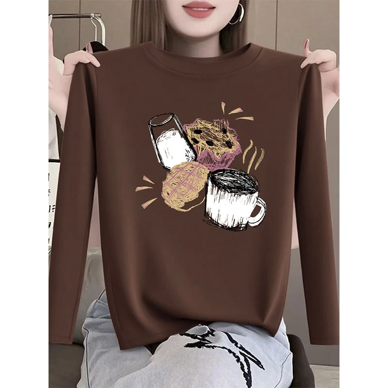 咖啡色正肩磨毛长袖t恤女春秋季2025新款时尚设计感加厚内搭上衣