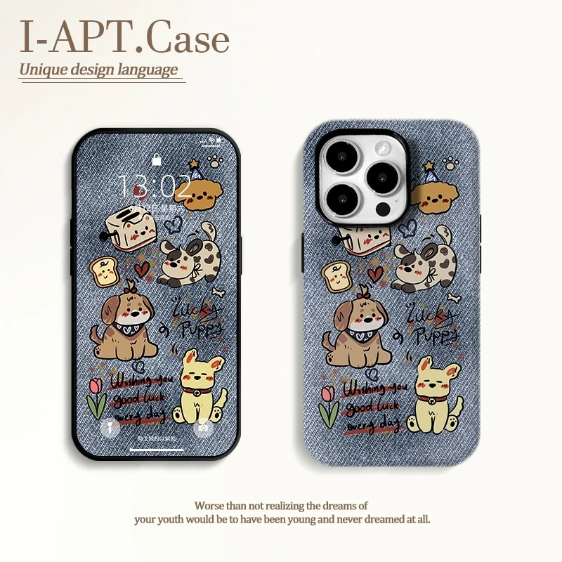 牛仔布纹可爱狗菲林二合一适用iPhone苹果16手机壳华为oppo小米防