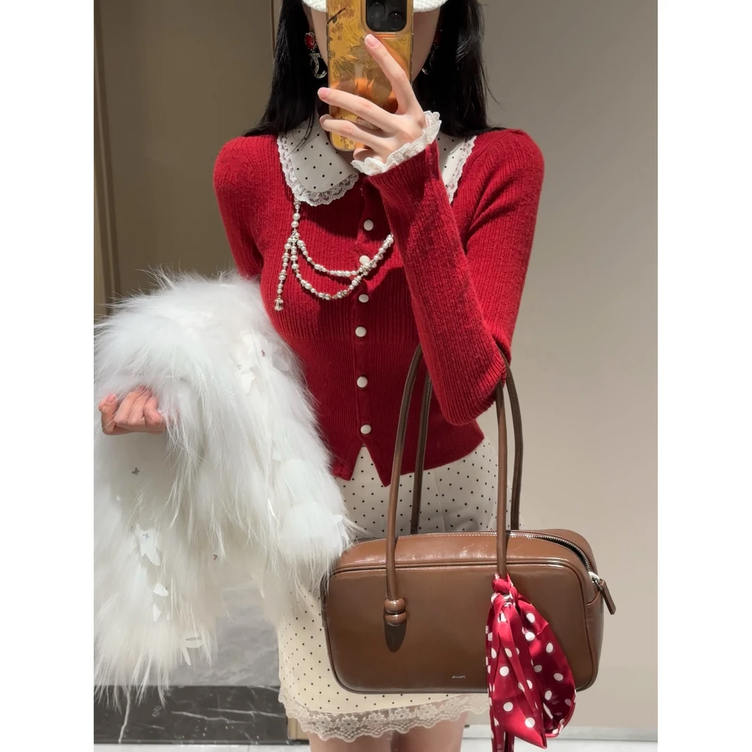 【雅乔定制】复古波点娃娃领红色针织上衣开衫外套DYCC-25068269