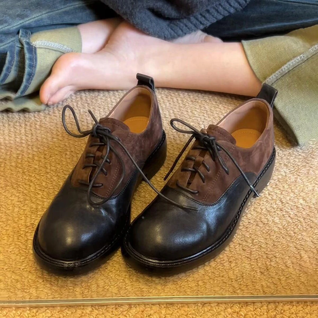 【万达撤柜】羊皮版~复古巴恩风绒面拼接低跟小皮鞋女圆头系带乐