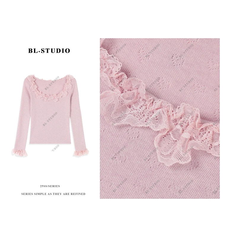 甜美纯色u领蕾丝花边长袖正肩修身打底针织上衣BL-4270